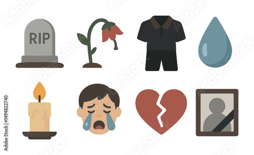 Mourning and loss flat icons set – grief, remembrance, condolence symbols
