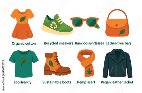 Eco-friendly fashion filled icons set – sustainable, green, organic style designs