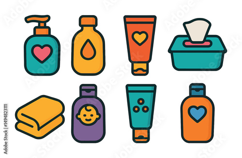 Baby care flat icons set – childcare, toddler essentials, parenting symbols