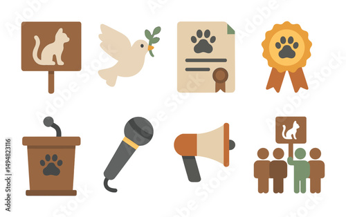 Animal rights flat icons set – advocacy, justice, pet care symbols