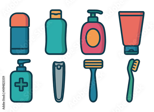 Personal care hygiene icons set – flat, grooming, toiletries symbols