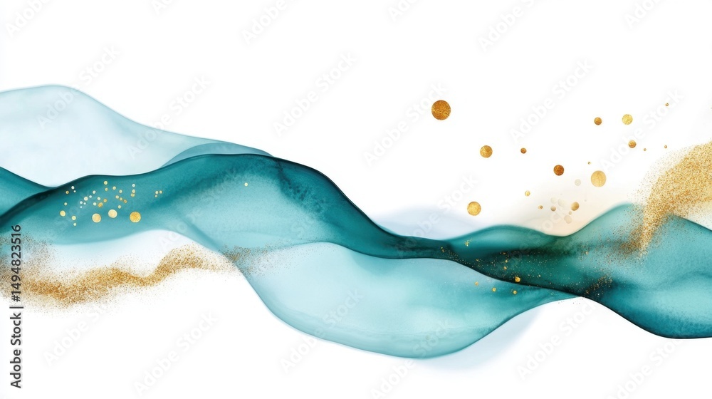 Watercolor waves in soft white and blue with floating golden dust, fluid artistic background Watercolor waves in soft white and blue with floating golden dust, fluid artistic background