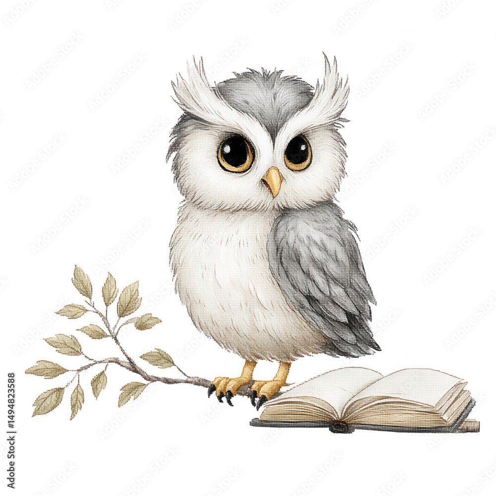 Obraz premium Cute fluffy owl perches on a branch reading an open story book alone now.