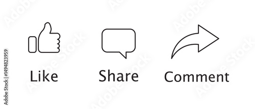 Like, Share and comment icons buttons set with black color. Like icon button, thumb up, comment, repost and share icon buttons. Social media notification icon set. Vector illustration.