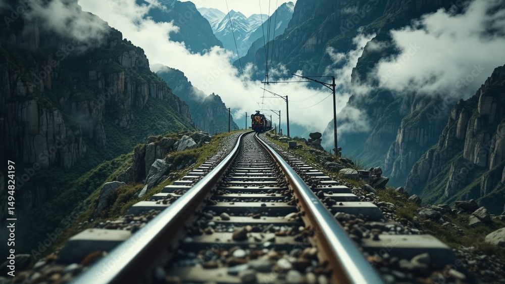 Fototapeta premium Mountain Pass Train Line & Clouds