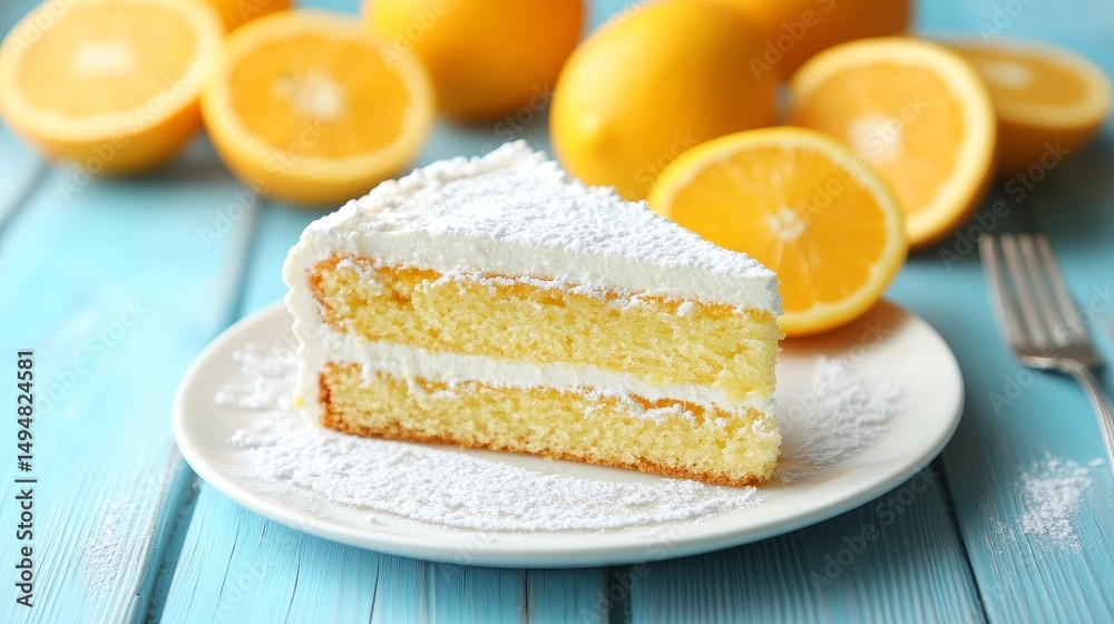 Slice of Orange Cake with Icing Sugar on White Plate, with Orange Halves in Background Slice of Orange Cake with Icing Sugar on White Plate, with Orange Halves in Background