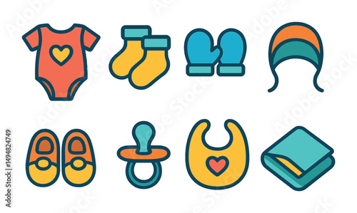 Baby and newborn essentials icons set – flat, filled, infant nursery symbols