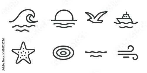 Marine animals line icons set – outline, ocean, aquatic life symbols