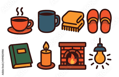 Cozy winter flat icons set – warm, comforting, snuggly design elements
