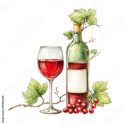 Watercolor style painting features red wine bottle with glass and grapes.