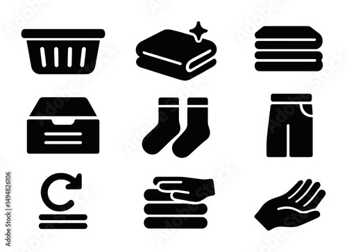 Laundry and garment solid icons set – flat, clothing, washing symbols