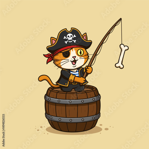 Serene cartoon cat, light colors, calm fishing moment