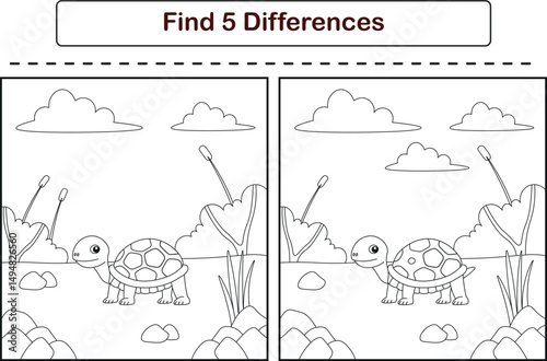Funny cartoon tortoise. Find 5 differences. Kids Education games. Cartoon vector illustration