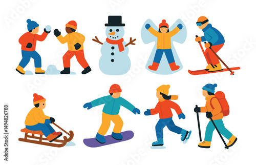 Winter sports and activities icons set – flat, filled, skiing and snowboarding symbols