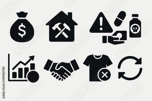 Business and finance solid icons set – flat, filled, corporate and money symbols