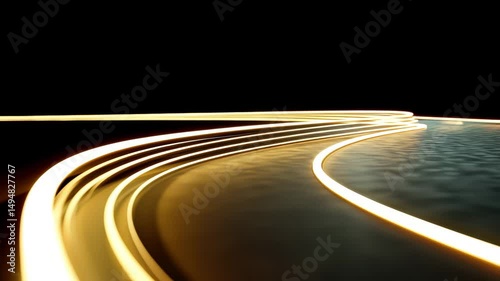 Abstract glowing light trails curve smoothly over dark background, creating dynamic, futuristic, and energetic visual effect with sense of motion, energy, and modern technology, featuring abstract