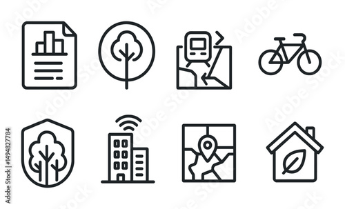 Urban planning outline icons set – linear, city development, map symbols