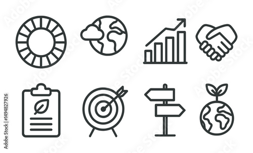 Global sustainability outline icons set – eco, green, environmental conservation symbols