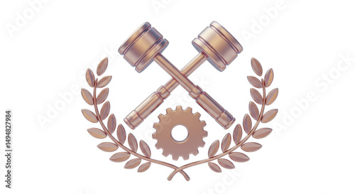 Isolated Metallic Gavel with Laurel Wreath and Gear