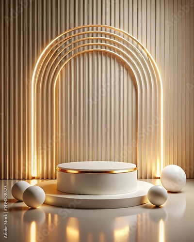 Elegant minimalist product display podium stage with golden arches and spheres in neutral colors
