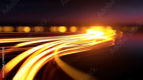Abstract glowing light trails curve and motion blur with vibrant yellow orange lines create dynamic, futuristic, and energetic atmosphere, evoking speed, energy, and smooth technology inspired