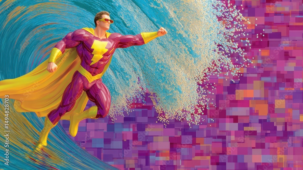 Obraz premium Superhero in Flight Over Abstract Pixel Wave