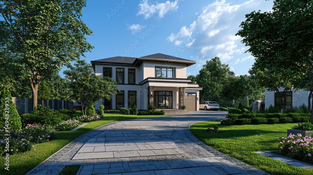 Fototapeta premium A large modern house with landscaping and a long driveway