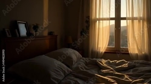 Sunset Bedroom: Warm sunlight streams through sheer curtains, illuminating a cozy bedroom scene at sunset. The bed is unmade, adding a touch of relaxed comfort.