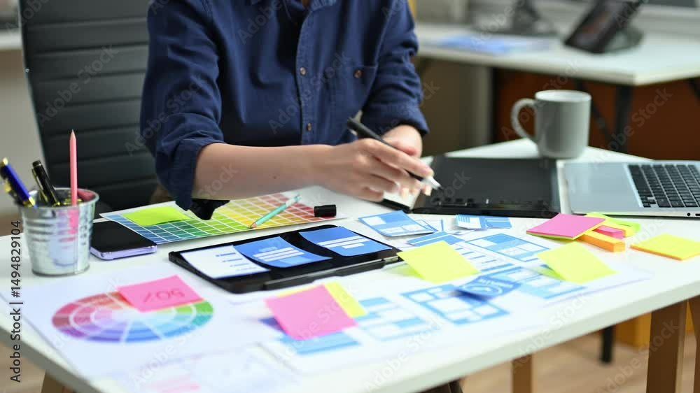 UX UI designer drawing app wireframe with pencil and color palette. Creative workspace with sticky notes and tablet. Ideal for prototyping UX UI designer drawing app wireframe with pencil and color palette. Creative workspace with sticky notes and tablet. Ideal for prototyping