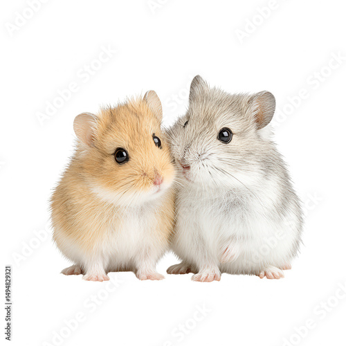 Two adorable dwarf hamsters are sitting together isolated on white background.