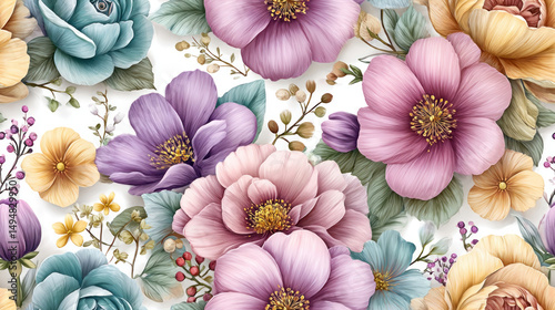 Soft Watercolor Floral Design with Pastel Blossoms and Botanical Elements


