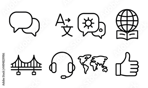 Translation and communication icons set - outline, linear, language tools