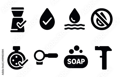 Water conservation solid icons set – flat, environmental, sustainability symbols