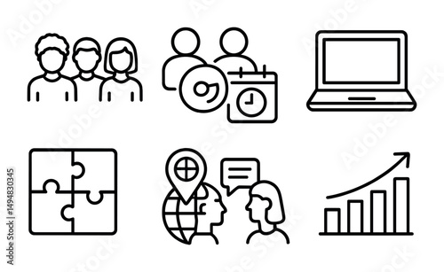 Teamwork and communication outline icons set – linear, collaborative, project symbols