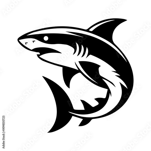 Vector shark emblem in tattoo-style design with bold black lines and white background