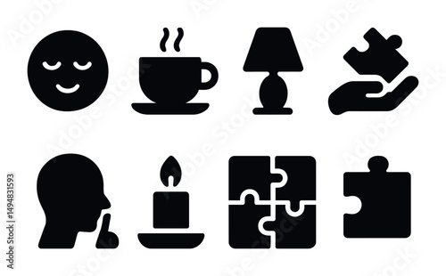 Relaxation and mindfulness icons with puzzle elements for designs