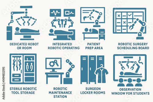 Medical robotics line icons set – outline, surgical, healthcare technology graphics