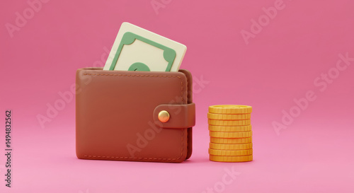 Brown wallet with cash and gold coins on a pink background showcasing savings and finances