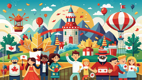 Celebration of Canada Day with happy diverse people, maple leaves, balloons, gifts and festive decorations in a colorful amusement park setting