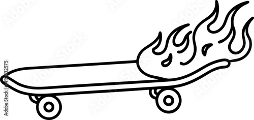 Skateboard With Flames Line Art Vector Illustration