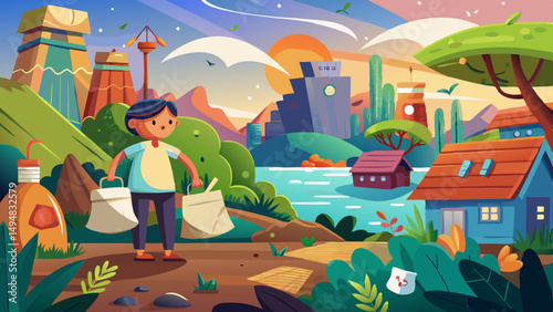 Cartoon scene promoting Plastic Bag Free Day with a person carrying reusable bags in a vibrant eco-friendly landscape with nature, water and modern buildings
