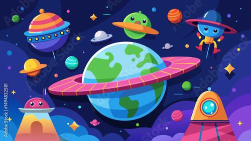 Colorful cartoon scene of World UFO Day with cute aliens, Earth with a ring, spaceships and planets floating in a whimsical cosmic background