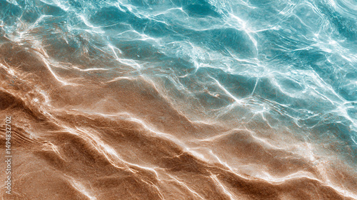 An overhead shot of clear turquoise water meeting a sandy beach with light reflecting on the surface