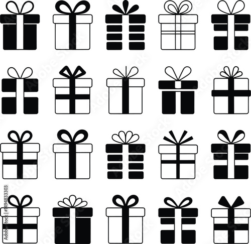 Collection of Gift Box Icons in Black and White Styles with Ribbons and Bows for Holiday Promotions, Celebrations, and E-Commerce Graphics