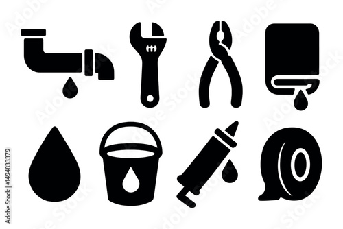 Plumbing tools solid icons set – filled, silhouette, pipe repair graphics