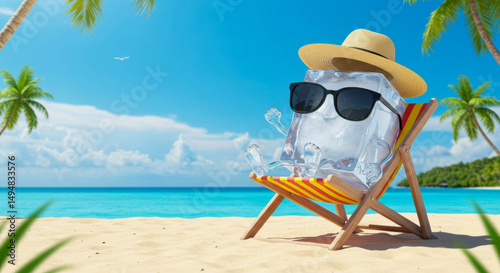 Ice cube relaxes on beach chair under sun at tropical beach with palm trees and crystal clear water
