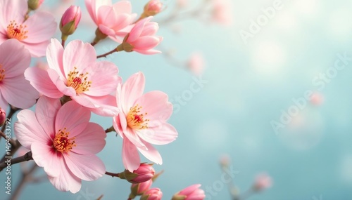 Delicate repeating blossoms, soft pastel hues , fabric, spring