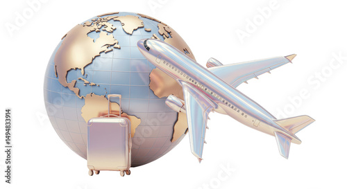 Isolated Airplane Flying Around Globe with Suitcase for Travel Concept