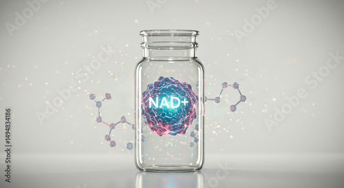 NAD+ molecule in glass container with colorful molecular structure representation and particles in the background