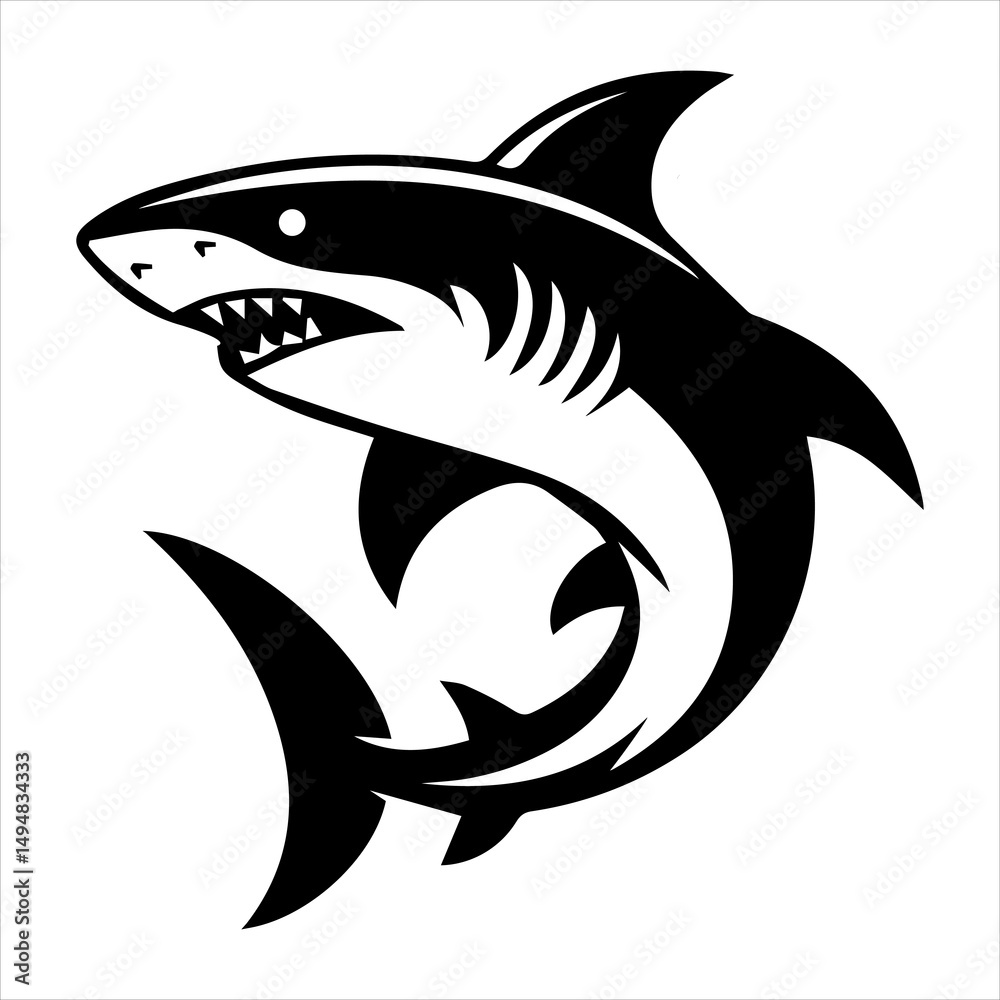 Fototapeta premium Minimalist black silhouette shark logo with dynamic pose and sharp design elements